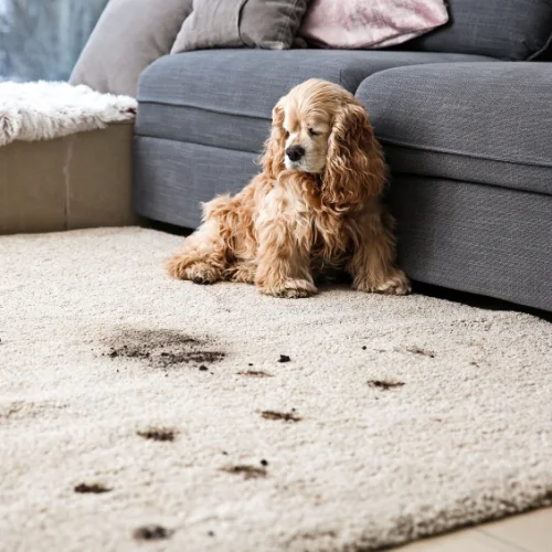 A cute dog looking at the damage he's done for the living room rug